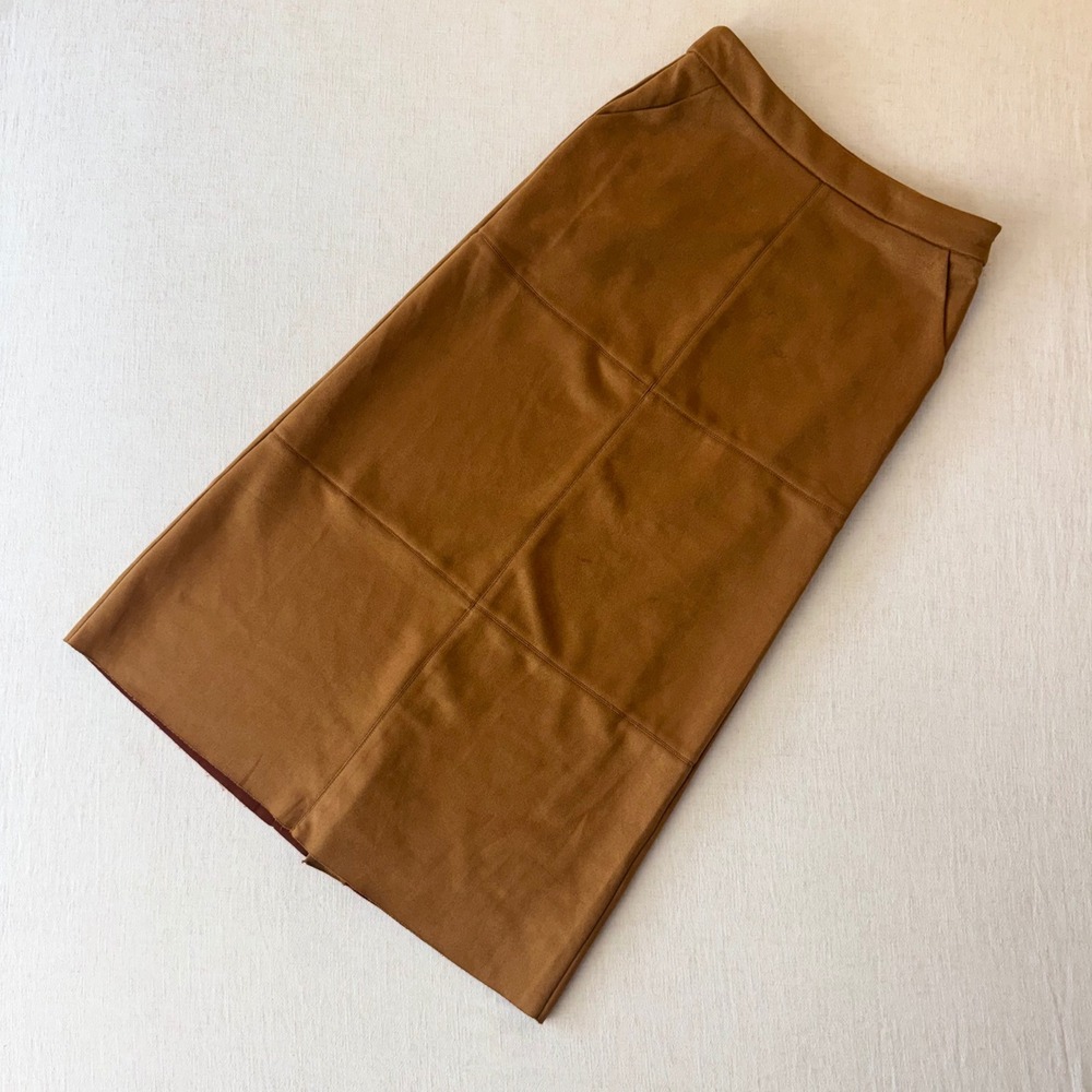 In February Faux Suede Midi Skirt Camel Brown Paneled Pencil Skirt Small - Picture 2 of 8